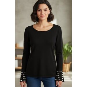 Marled Pearl Embellished Flare sleeve Sweater Black Size L